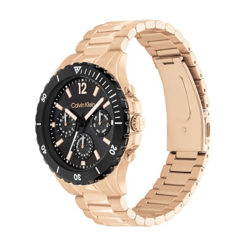 CALVIN KLEIN Sport for Him Qtz Multifunction Black Round Dial Men's Watch|Ionic Plated Rose Gold Steel Material|Rose Gold Color Band - 25200315