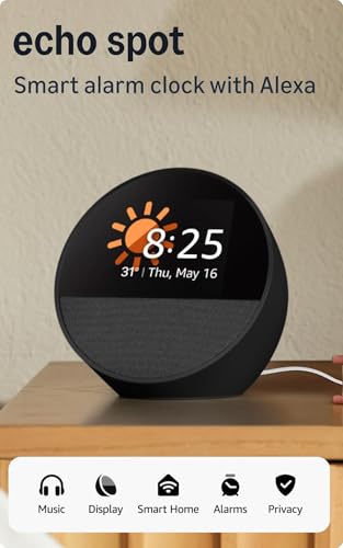 Amazon Echo Spot (latest model), Smart alarm clock with vibrant sound, Alexa and Bluetooth | Black