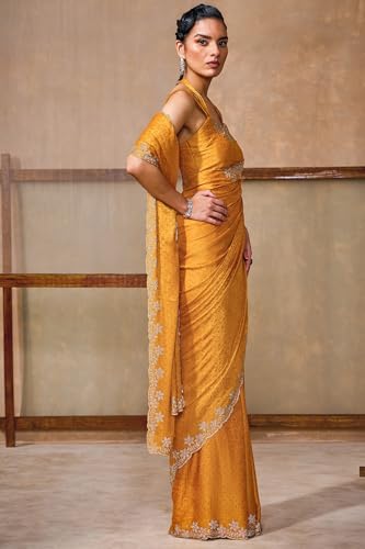 Soch Womens Mustard Fendy Georgette Woven Design Saree With Stone Work