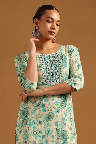 Soch Womens Off White Rayon Floral Print Kurta with Mirror Work