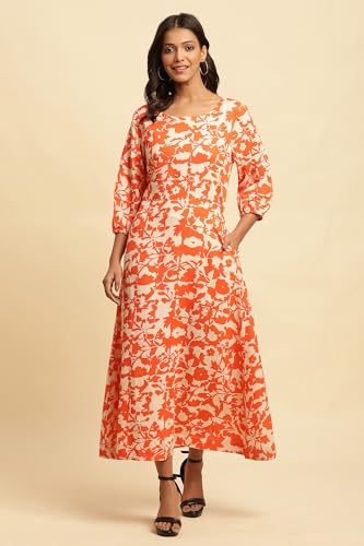 W for Women Abstract Print Rayon A-Line Dress_24FEW10723-810645_M Orange
