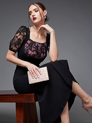 Miss Chase Women's Square Puff Sleeve Solid Lace Overlaid Ankle Length Dress (MCSS23D79-01-62-05, Black, L)