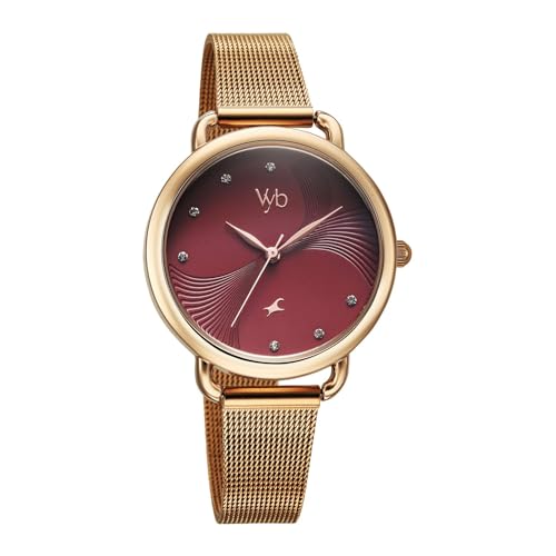 Fastrack Vyb 6.0 Classiqué Quartz Burgundy Round Dial Women's Watch | Stainless Steel Mesh Strap Material | Watches for Women Analog | Girl's Analog Watches - FV60091WM02