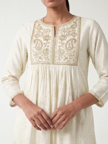 Max Women Embroidered A-line Kurta Set(Off White_L)