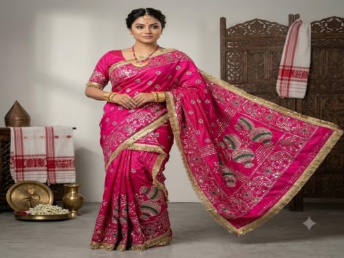 Women’s Rani Pink Traditional Rajputi poshak Gold Embroidered Ethnic with Zari Sequin Work, Kalash & Elephant Motifs