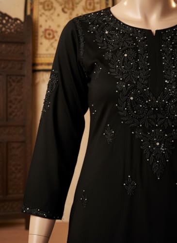Fashion Chikan Art Women’s Lucknowi Rayon Mukaish Chikankari Straight Kurti & Palazzo Set | Hand-Embroidered Ethnic Wear | Festive & Casual Wear Kurta Set (S, Black)