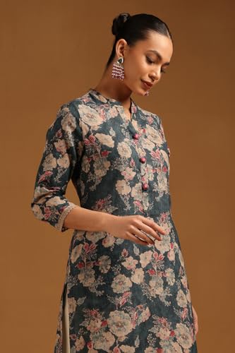 Soch Womens Grey Linen Floral Kurta