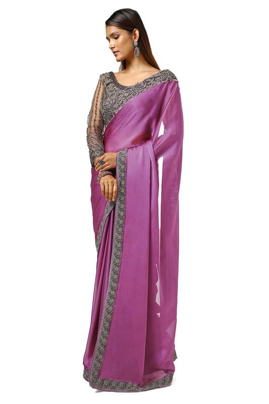 Soch Womens Purple Chiffon Embroidered Saree With Sequins