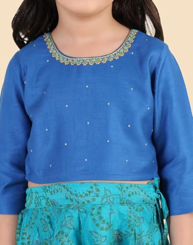 Fabindia Girls Cotton Silk Blend Blue Hand Block Print Round Neck 3Q Sleeves Celebration Regular Fit Lehenga Choli & Dupatta Set