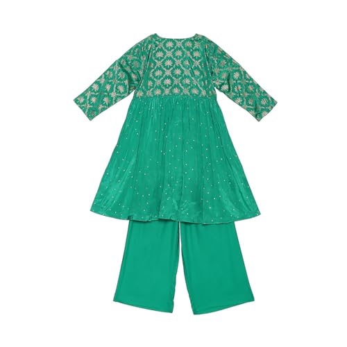 BIBA Girl's Green Viscose Blend Gathered Kurta Set