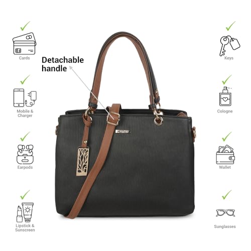Metro Women Black Faux Leather Handbag with Detachable Sling (66-7852)