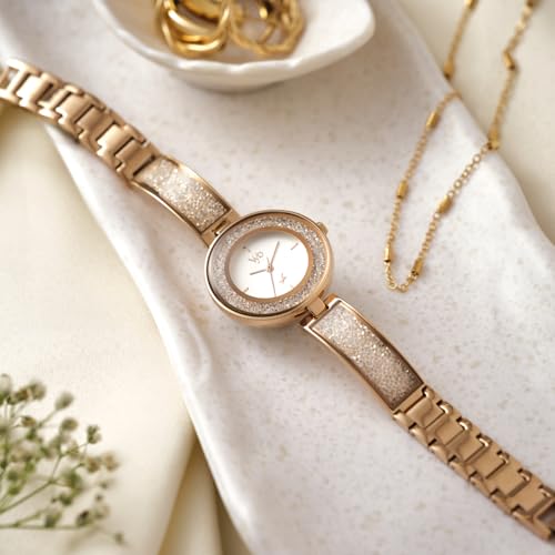 Fastrack Vyb Quartz Analog Silver White Dial Rose Gold Alloy Strap Watch for Women-FV60053WM01W