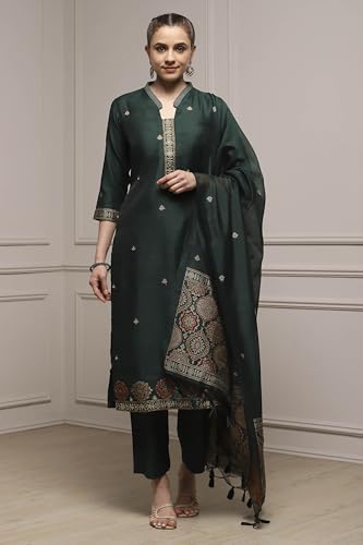 Biba Women Green Chanderi Blend Handloom Unstitched Suit Set_FREE SIZE
