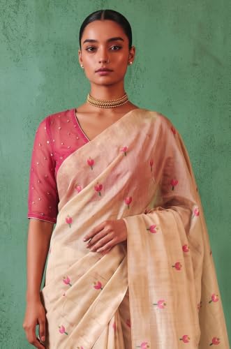 Label Aarna Women's Pink Cotton Saree with Unstitched Blouse Piece | Woven | Floral Design | Functions and Pooja Wear