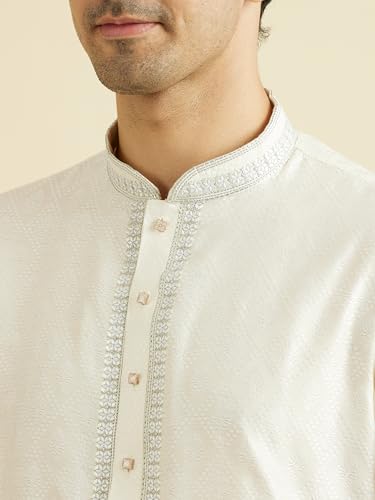 Manyavar Men's Viscose Blend Self Design Kurta Pyjama Set (Warm White,L)