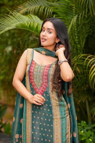 Women's Teal Green Printed Silk Blend Kurta Set With Dupatta And Pant
