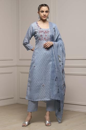 Biba Women Blue Cotton Blend Hand Embroidered Unstitched Suit Set_FREE SIZE