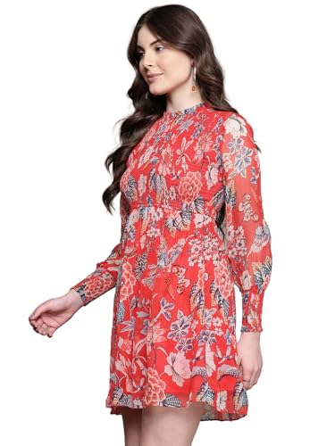 Label RITU KUMAR Closed Neck Full Sleeves Printed Short Dress Red