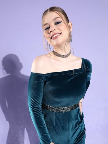Miss Chase Women's One Shoulder Full Sleeve Solid Asymmetric Regular-Length Velvet Jumpsuit (MCSS23D98-49-83-05, Teal, L)