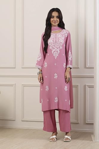 Biba Women Pink Poly Viscose Straight Suit Set_36