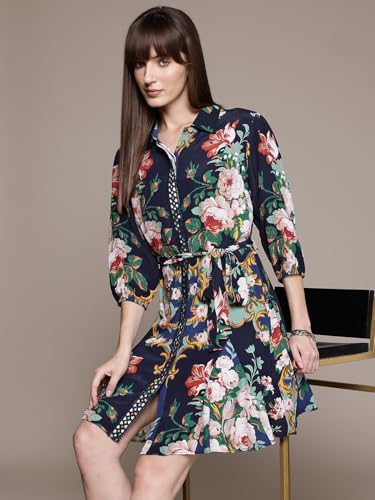 Label RITU KUMAR Navy Miara Collar Neck 3/4 Sleeves Short Dress with Belt