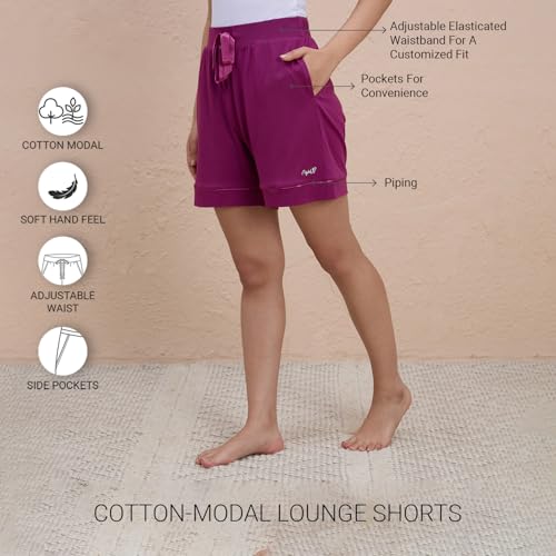 NYKD Buttery Soft Modal Cotton Shorts for Women with Clean Elasticated Waist, Satin Tie & Side Pockets – Comfortable Relaxed Fit, Model NYS926 Wine