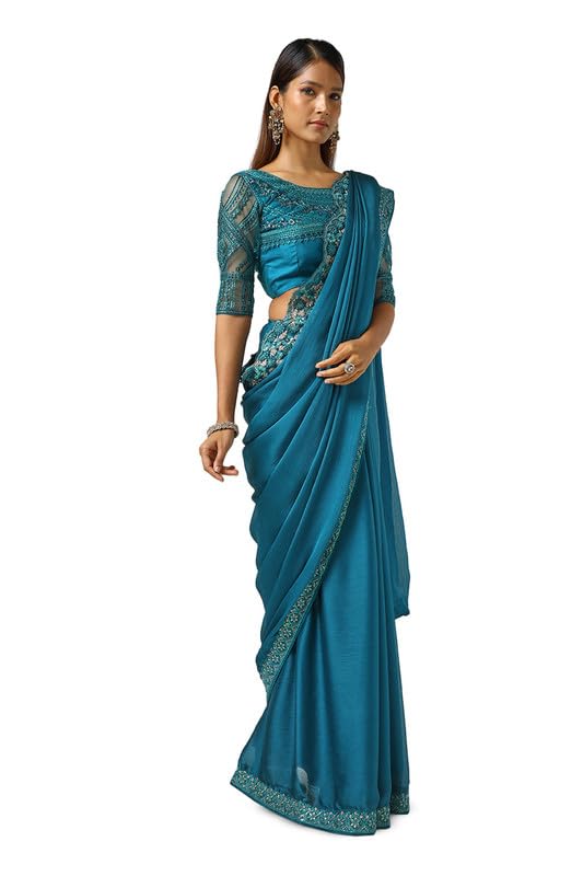 Soch Womens Teal Chiffon Embroidered Saree With Sequins