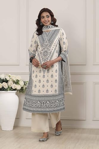 Biba Women White Cotton Straight Suit Set_38
