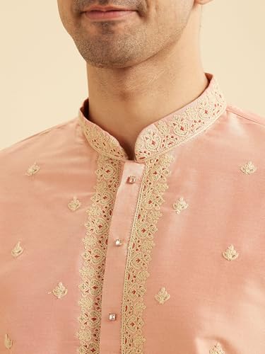 Manyavar Men's Viscose Blend Embellished Kurta Set (Peach,XL)