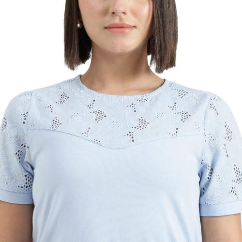 United Colors of Benetton Round Neck Schiffli Embroidery T-Shirt (Size : S) - 26P3KNTWVYK4I51B Blue