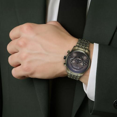 Titan Micromotors Analog with Independent Hour, Minute and Second Sub-Dial and Olive Dial Olive Stainless Steel Strap Watch for Men - 90179QM01