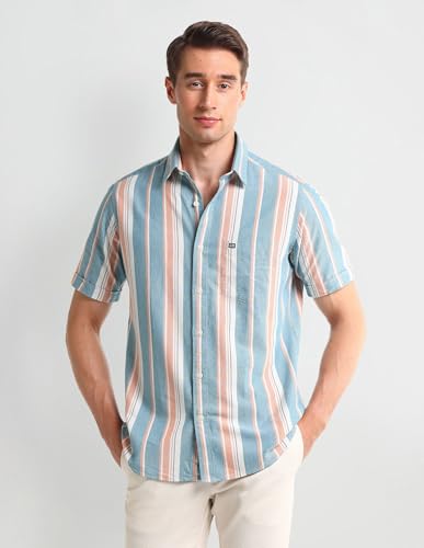 Arrow Sports Men's Striped Fitted Shirt (ASAISH1854_Teal