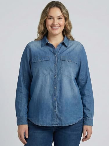 9 Impression Blue Solid Long Sleeve Plus Size Women's Denim Shirt with Flap Pocket On Chest (Blue; 4XL)