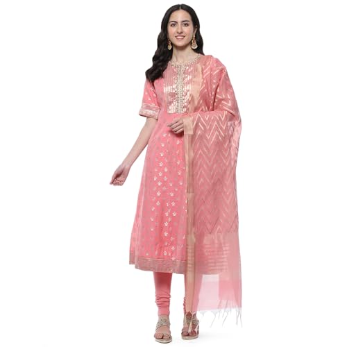 BIBA Women YARNDYED STRAIGHT KURTA SALWAR KURTA DUPATTA(SKDTHE GOLD  WEAVE9620_BLUSH PNK_40)