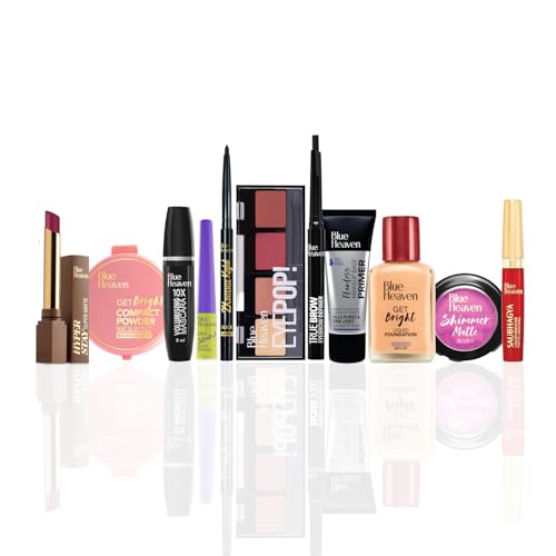 Blue Heaven All-In-One Bridal Makeup Kit for women | Pack of 11 | Primer, Foundation, Compact Powder, Eyebrow Definer, Eyeliner, Kajal, Mascara, Eyeshadow, Lipstick, Sindoor & Blush | 55.1g + 49.5ml