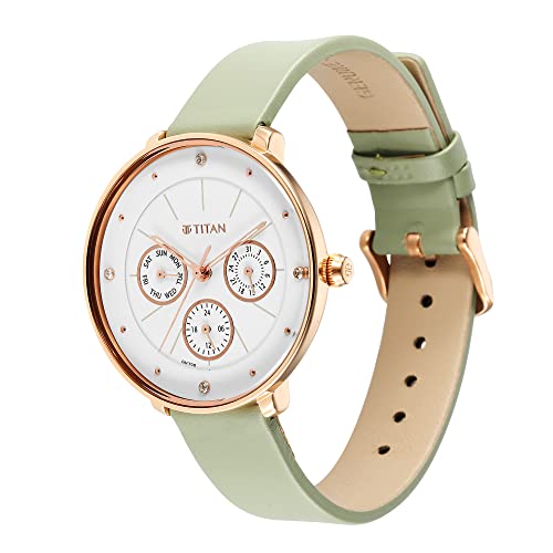 Titan Workwear Neo Quartz Multifunction White Dial Green Leather Strap Watch for Women - NT2651WL09