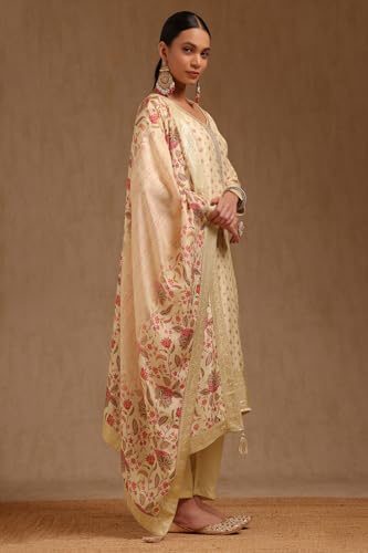 Soch Womens Cream Dola Silk Floral Print Suit Set With Cutdana