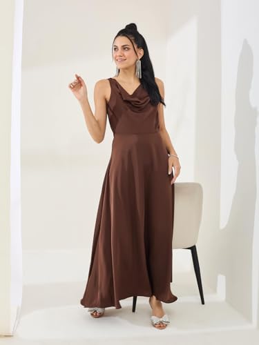 Latin Quarters Women's Brown Solid Sleeveless Cowl Neck Party A-Line Dress_XL