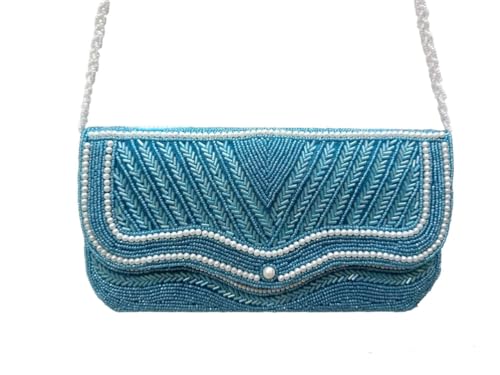 Fashion OVERSEAS Designer Blue Bag beads Handle and Tassel Ethnic Purse Women’s/Girls's Handbag for Party, Casual, Bridal (PINK) (blue)