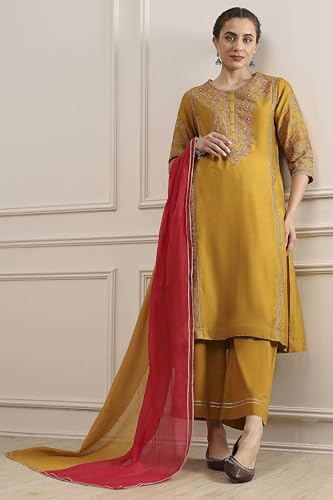 Biba Women Mustard Cotton Blend Kalidar Dyed Suit Set_36