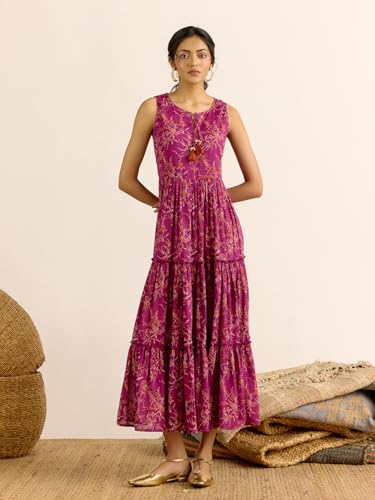 Aarke Ritu Kumar Purple Ditya Fit & Flare Round Neck Long Dress