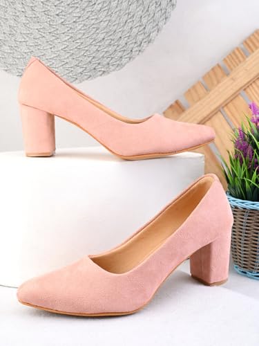 XE Looks Pink Cream Pumps | Chic Suede Finish | Comfortable & Trendy Block Heel For Girls & Womens
