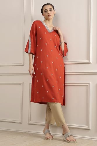 Biba Women Orange Viscose Rayon Straight Solid Kurta_40