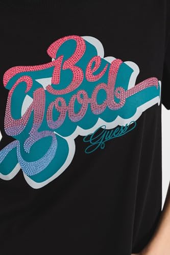 GUESS Women Black Embellished Round Neck Short Sleeves T-Shirt