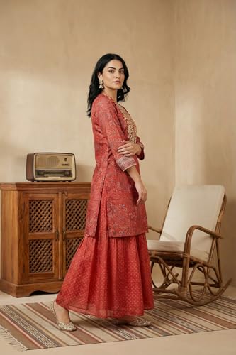 W for Woman Red Zari Embroidered Paisley Printed Chanderi Straight Kurta with Sharara and Dupatta Set - (WS14006-127292-L)