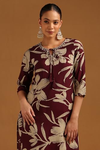 Soch Womens Wine Chanderi Floral Kurta with Beads