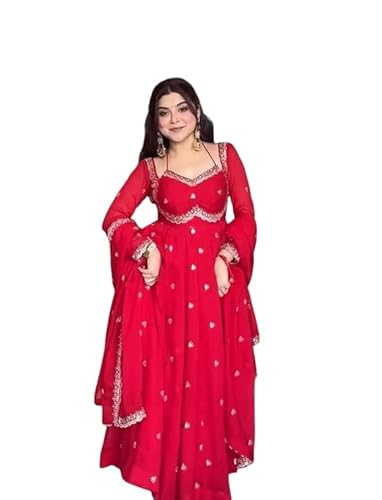 SAMUYA Elegant Red Anarkali Dress with Silver Embroidery, Traditional  Indian Wedding Gown, Floor Length Ethnic Wear with Dupatta (in, Alpha, 2XL,  Regular)