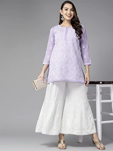 Ada Handcrafted Lucknowi Chikankari Women's Rayon White Flared Palazzo Sharara Pant A711171 (S)