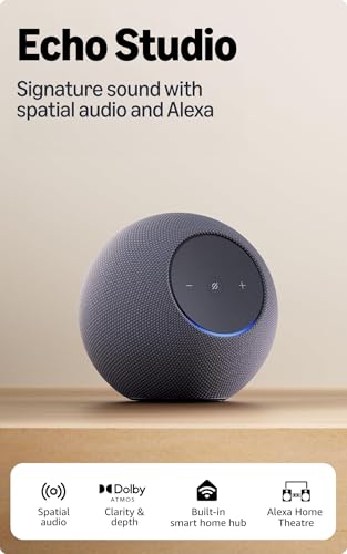 Amazon Echo Studio (newest model), Alexa speaker with immersive spatial audio and Dolby Atmos, hands-free smart home management, Bluetooth, Graphite