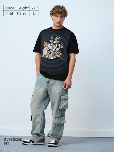 The Souled Store Looney Tunes: Going in Circles Men and Boys Short Sleeves Round Neck Black Graphic Printed Cotton Oversized T-Shirts